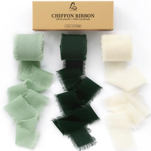 Ligtmor chiffonband 3,8 cm x 19,2 m Handbuch Schleifenband Geschenkband silk ribbon organzaband Stoffband Hochzeit Seidenband - Grün & Creme
