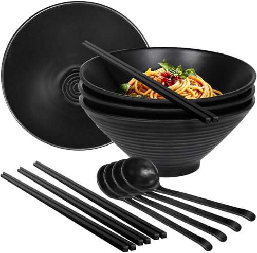 Greentainer Large Noodle Ramen Bowls - 4 Set Japanese Dinnerware Set,4 Chopsticks,4 Spoons,1600ml Soup Bowls for Pasta,Fruit,Salad,Large Bowl for Adults, Dishwasher Safe