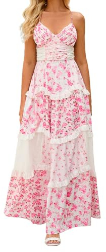 ABYOVRT Women Floral Maxi Dress Spaghetti Straps V Neck Patchwork Flowy Boho Sundress Tiered Long Dresses (Pink,S)