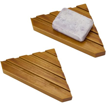 FINGERINSPIRE 2 st 11,6 x 19,75 cm trä hörn tvålskål för dusch, 2 cm tjock triangelform självdränerande hörn trä tvålskål hållare för dusch badrum/kök/badkar