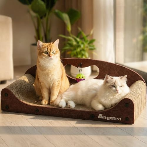 Angetra 26 Cat Scratcher Bed, Large Scratcher Couch for Indoor Cats, Cardboard Scratcher Sofa, Durable Scratch Pad with Ball & Catnip, Furniture Protector (Brown, Large)