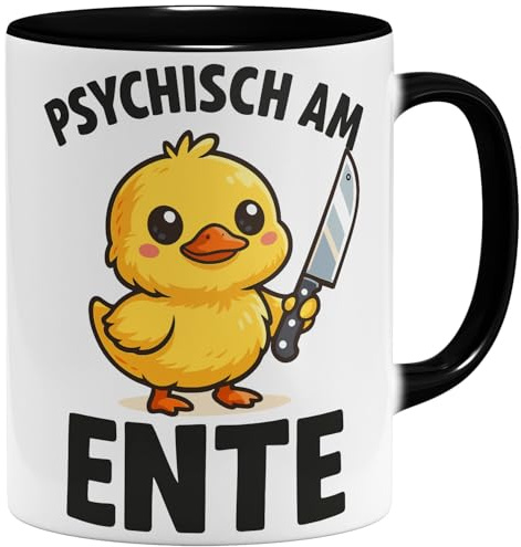 OM3® Psychisch am Ente Kaffee-Tasse mit Spruch - Spruchtasse Fun Motiv - Schwarzem Humor - Keramik Becher - 325ml - Beidseitig Bedruckt - Schwarz