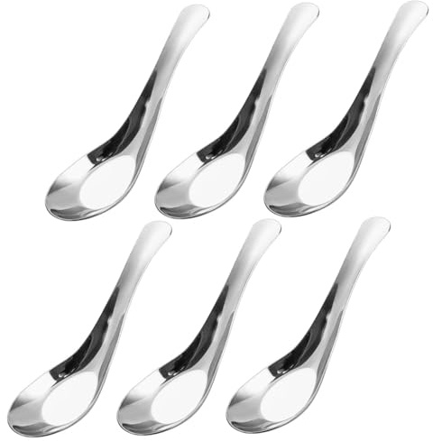 Juego de 6 cucharas soperas chinas, cucharas soperas asiáticas pulidas a espejo de acero inoxidable con mango corto para caldo, postre, cereales, miso tailandés, ramen, cuchara sopera asiática pl