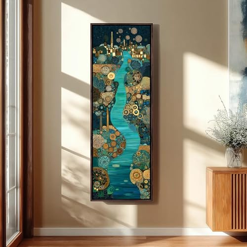 Landschaft mit gewundenem türkisfarbenem Fluss, Hochformatiger Leinwanddruck, Naturszene in Türkis und Gold, Erdiges Dekor, Eingangsbereich-Kunst (50 x 150 cm/Innenrahmen)