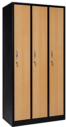 furni24 Garderobenschrank 90 cm x 50 cm x 180 cm schwarz/buche 3-türig 30 cm Abteilbreite fertig montiert Verschiedene Ausführungen verfügbar