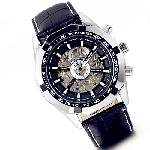 LANCARDO Herren mechanische Automatik Business Armbanduhr Skelett Automatikuhr Uhr mit Leder Armband, schwarz Silber