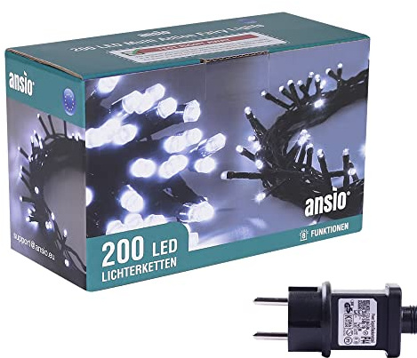 ANSIO® Luci Natale Esterno 20m 200 LED Luci Albero di Natale Natalizie Luminose Bianco Fredda Luci Natalizie da Esterno/Interno Ideale per Mantello, Balcone Lucine Luminoso | Cavo Verde