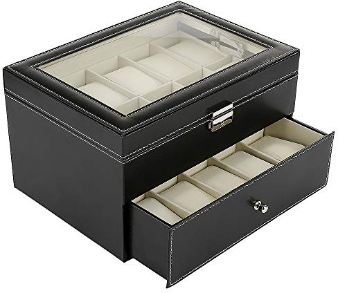 Flyelf Boîte à Montre de Double Couche, Coffret à Montres Aves 20 Compartiments, avec Serrure et Clé,pour Montres, Bijoux, Boucles d'oreilles, etc.
