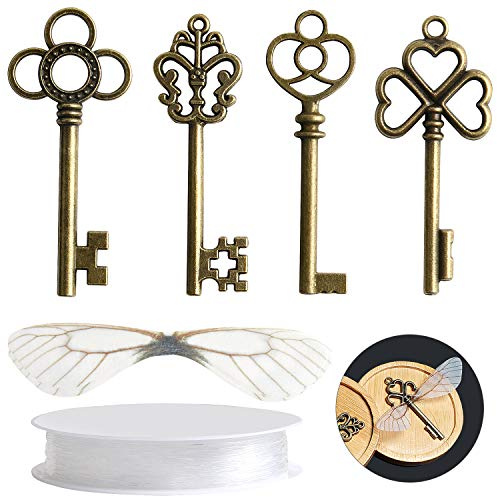 SANNIX 30 Stück Vintage-Skelettschlüssel, fliegende Schlüssel, Anhänger mit 30 Paar Libellenflügeln und 27,8 m elastischer Kristallschnur, für DIY-Weihnachtsdekoration
