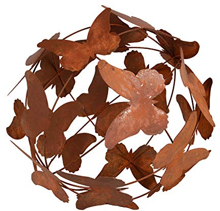 UNUS Boule de décoration de jardin en métal patiné – Motif papillon – Boule décorative en métal aspect rouille (29 cm)