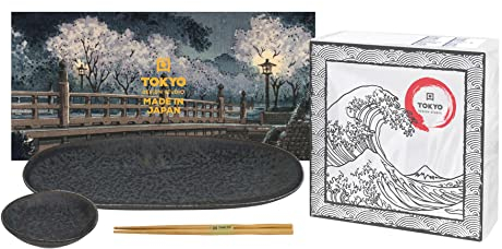 TOKYO design studio Onyx Noir Sushi-Set schwarz-grau, 3-TLG, Sushi-Platte + Saucen-Schale + Essstäbchen, asiatisches Porzellan, Japanisches Design, inkl. Geschenk-Verpackung