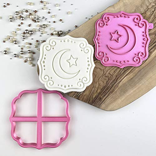 LissieLou Moon and Star Plaque Eid Ramadan Icing Fondant Cookie Cutter and Stamp - Light Pink