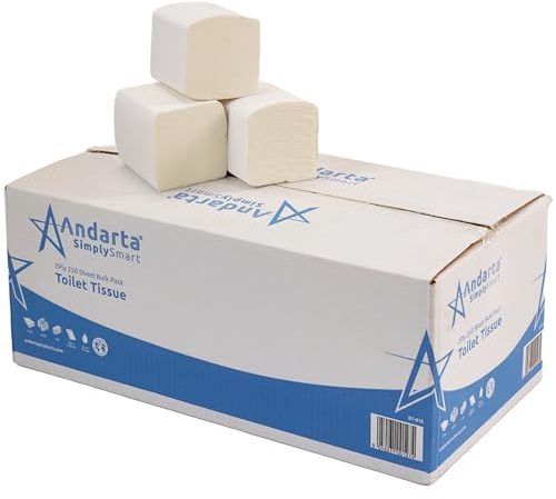 Andarta Toilettenpapier, 2-lagig, Großpackung, 36 Stück, 250 Blatt pro Packung, starke und haltbare weiße Toilettenpapierrolle, 100 % Recycling-Tuch, ideal für Badezimmer und Büro.