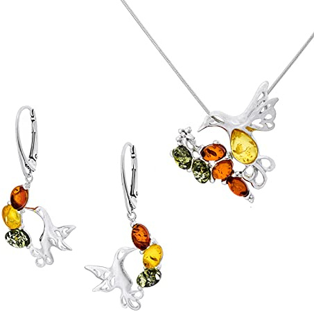 AMBEDORA damer set 925 silver glänsande färgglad baltisk bärnsten halsband och örhängen kolibri färdig presentset, Sterlingsilver, Bärnsten