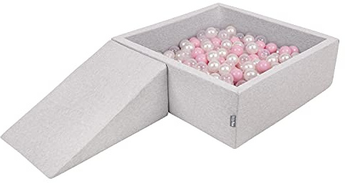 KiddyMoon Parque Infantil De Espuma con Cuadrada Piscina De Bolas (200 Bolas) para Niños, Gris Claro: Rosa Claro/Perla/Transparente