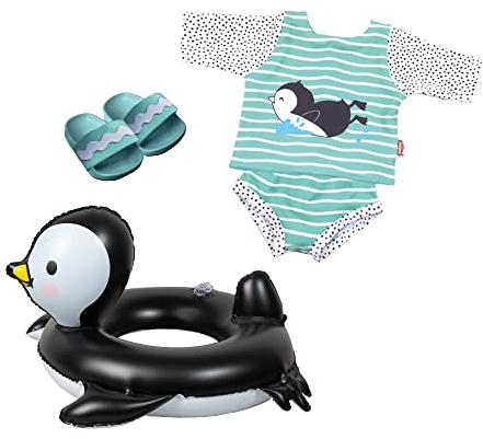 Heless 11 – simset för dockor i pingvin prickig design, 4 delar med simoutfit, badtofflor och simring, storlek ca 35–45 cm, för badkul på varma sommardagar