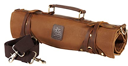 KYOKU Borsa arrotolabile per coltelli da chef, porta coltelli da cucina e portautensili con 10 scomparti e 3 portaposate per set di coltelli da chef, pelle oliata e tela cerata, borsa da viaggio