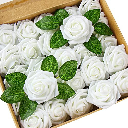 DERAYEE 25 PCS Artificial Roses, Foam Roses Flowers DIY Flower for Wedding Bridal Bouquets Home Party Garden Decorations (White)