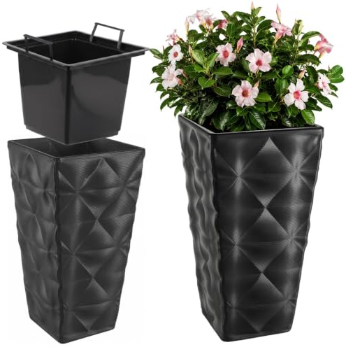 KADAX Blumentopf mit 3D Effekt, Blumenkübel aus Kunststoff in 4 Farben, Pflanzkübel mit Einsatz und praktischen Griffen, Kunststofftopf, Outdoor-Pflanzkübel, Innentopf (Anthrazit Höhe: 55,5 cm)