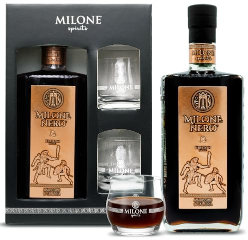 Amaro Milone Nero Gift Box 70cl + 2 Bicchieri Milone Spirits – Amarissimo di Calabria (35% Vol.) – Confezione Regalo Elegante per Intenditori
