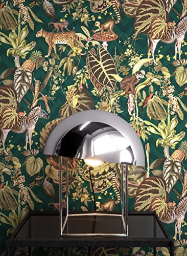 Newroom Vliestapete Grün Dschungel Tapete Schlafzimmer Wohnzimmer | Dschungelmotiv mit Zebra, Affe, Leopard, Papagei und Ananas, Tannengrün mit Ocker- und Brauntönen, matte Mustertapete Flur