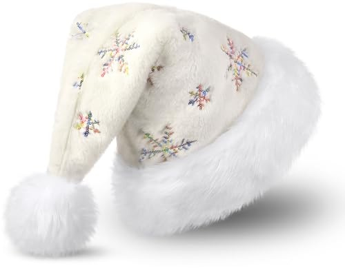CITÉTOILE Gorro de Papá Noel de Felpa para Adultos con Lentejuelas de Copos de Nieve, Gorro Navideño de Doble Forro con Ribete de Piel Gruesa y Cálida Adecuado para Navidad
