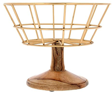 Mastercook Fruit Bowl Basket Metal Wire with Wooden Stand Base Large Wired Kitchen Countertop Fruit Holder Rack Centrepiece Decorative Display Basket Perfect for Fruits Vegetables Salad (Gold)