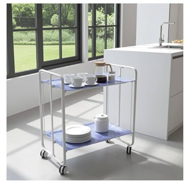DON HIERRO - Carrito auxiliar plegable BAUHAUS con ruedas – Armazón metálico blanco, 2 niveles, 4 posiciones ajustables-Coffe Shop Azul