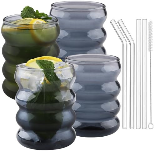 Vexillic Vasos Cristal Ondulado, 4 Piezas 350ML Tazas de Vidrio de Burbuja, Vintage Transparente Juego de Vasos con Pajita y Cepillo para Agua Café Cóctel Soda Gris Seguro Tartas Magdalenas