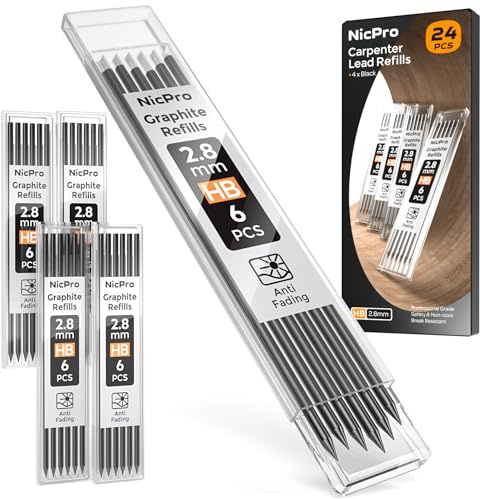 Nicpro 24 pezzi matita per carpentiere ricarica 2,8 mm, ricarica per matita meccanica per carpentiere, mina resistente alla rottura da HB per matite da costruzione (nero)