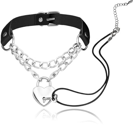 MILAKOO Lock & Key Pendant Necklace for Women PU Leather Choker Collar with Chains Goth Y2K Style