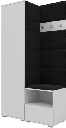 RAVIO Garderoben-Set NELA I mit Kleiderschrank & 3 Doppelhaken, 100cm Flurgarderobe mit Garderobenpaneel & Schuhschrank (Weiß + Schwarz (Trinity 16))