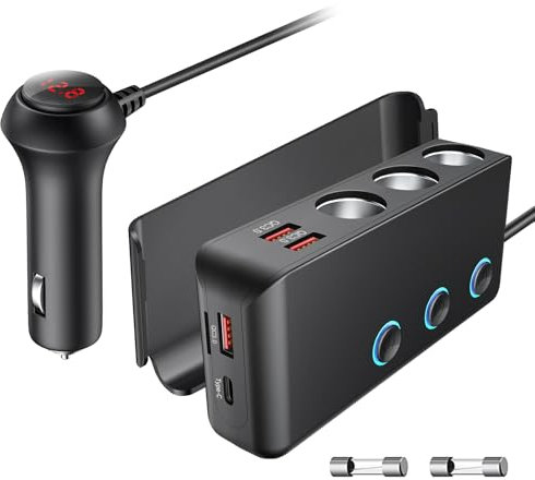 OOWOLF Zigarettenanzünder Verteiler QC 3.0 140W 12V/24V, Schalter Leistung Adapter Auto Ladegerät, 3 DC Steckdose Splitter 4 USB Anschlüsse KFZ Verteiler für Smartphone, Tablet, GPS, Navi