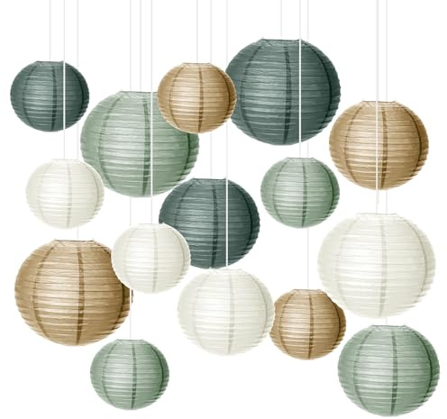 15 Stück Papierlaternen Dekorationen Chinesisches Papierlampe, Salbeigrün Lampions Grün Partydekor für Garten Party Dekoration Brautdusche Babyparty Geburtstag Hochzeitszubehör Abschlussfeier