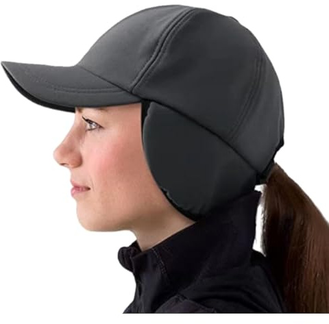Bonnet d'hiver pour femme en polaire réfléchissant imperméable pour queue de cheval avec cache-oreilles rabattables - Chapeau de ballon de course à pied par temps froid - Chapeau de ski avec visière