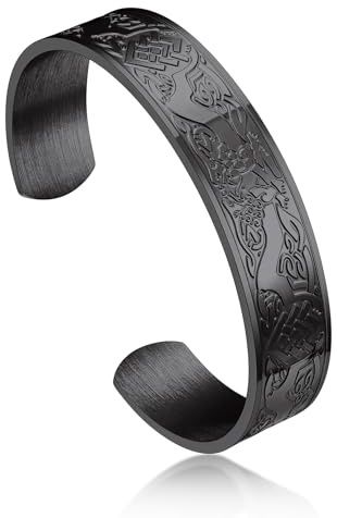 Bandmax Wikinger Armband Herren Offenes Armband Edelstahl Männer Armband mit Runen/Wolf/Lebensbaum/Mjölnir Armreif Armspange Manschettenarmband Accessoires Schmuck für Ehemann Freund
