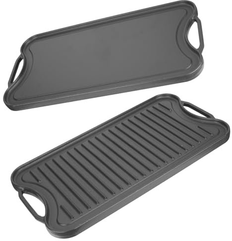 PETKAO Reversible Cast Iron Griddle Plate for Gas Grill, Stovetop Grill Pan for Electric Stove, Pre-Seasoned Grill Griddle Pan for Gas Stove Top 2 Burner, Extra Large Stove Top Grill Plate 20 x 10.5
