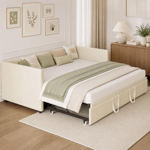LKPOMI Divano Letto Estraibile 90/180 x 200 cm, letto singolo con letti estraibile, divano letto matrimoniale con rete a doghe, telaio letti imbottito in velluto, senza materasso (Beige)