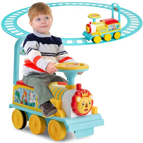 SOARS Train Électrique Enfant, Voiture Enfant avec Musique & Lumières, Conduite Réaliste avec Voie en PP, Espace de Rangement Caché, Charge 25 KG, pour Garçons & Filles 3 Ans + (Bleu+Jaune)