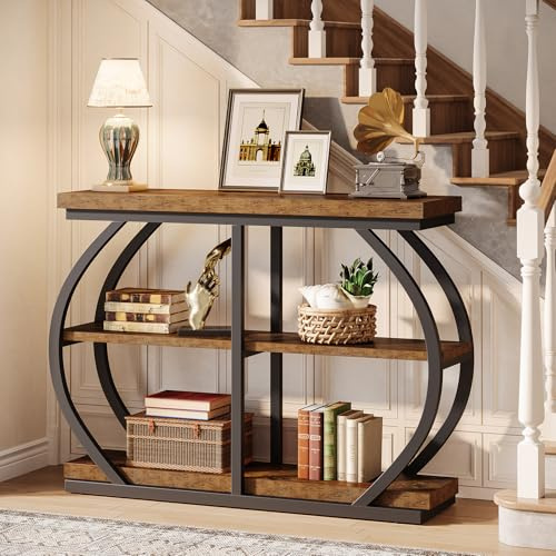 Tribesigns 41.3 Console Table, Industrial 3-Tier Entryway Table with Arched Metal Frame and Storage Shelves for Living Room, Hallway, Rustic Brown