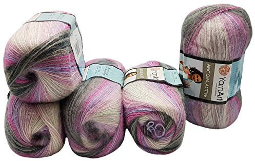 5 x 100 g Ilkadim Export Angora Active Strickwolle mehrfarbig mit Farbverlauf, 500 Gramm Strickgarn mit 20% Wolle, Farbverlaufswolle (rosa grau weiss 848)