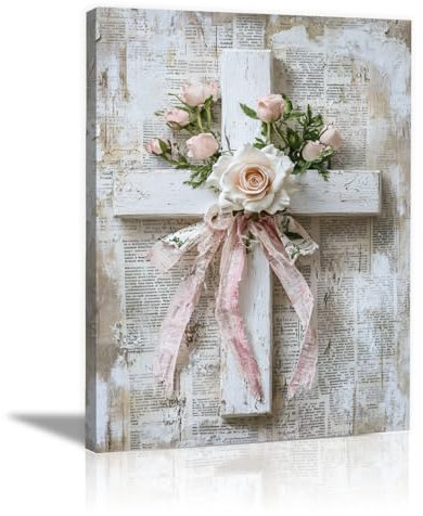 CUDAOO Jesus Christliche Kreuz Bilder auf Leinwand, Blumenrahmen aus Papierwand für Yoga Raum Büro Schlafzimmer Wohnzimmer Home Deko - 60x90cm Gerahmt(weiß)