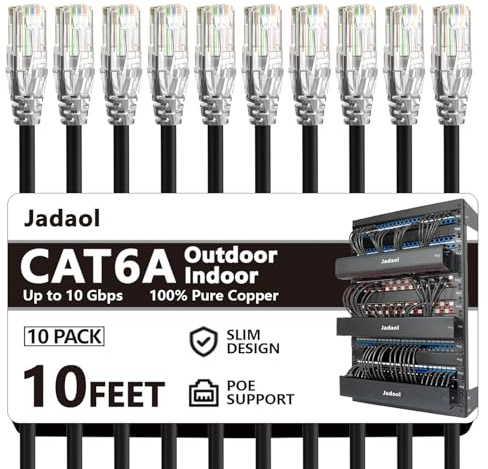 Jadaol Cat6a Ethernet Cable 10 ft 10 Pack, Slim 10G 550MHz 28AWG Patch Cable, Snagless Pure Copper Network Cable, Flexible LAN Cable for Router, Modem, Switch, Patch Panel, Data Center, Gaming, Black
