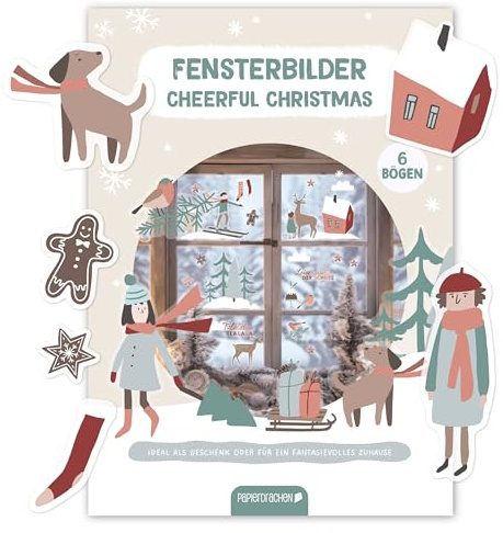 Papierdrachen Fensteraufkleber Cheerful Christmas - 6 DIN A4 Stickerbögen mit winterlichen Motiven - Weihnachtsdeko 2026 - Kinderzimmer - Wohnbereich - statisch haftend