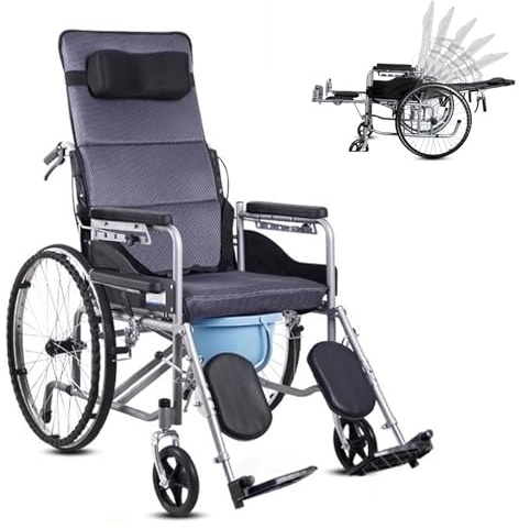 High-Back Foldable Wheelchair for Adults 220-Lbs Full Reclining Seat Lightweight Self-Propelled All-Terrain Heavy-Duty Wheel Chair Portable Wheelchair with Commode for Seniors