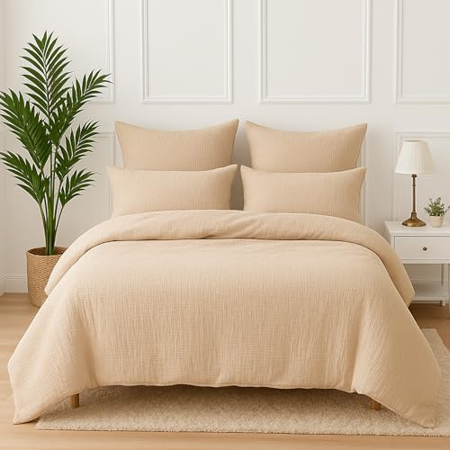Wolkenfeld Premium Musselin Bettwäsche 135x200 mit Reißverschluss – Aus 100 % Baumwolle – Atmungsaktiv & Weich – Bettwäsche Musselin mit 80x80 Kissenbezug Beige