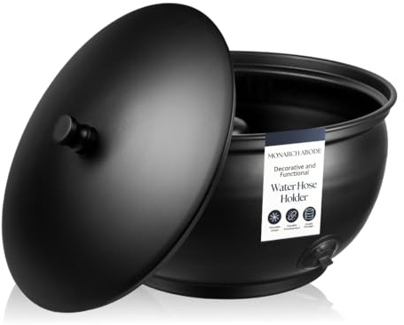 Monarch Abode Decorative Garden Hose Holder with Lid, Black Storage for Outdoor Use, 100 ft Water Hose Pot for Outside, Smooth Metal Pot with Drainage, Garden Storage Organizer