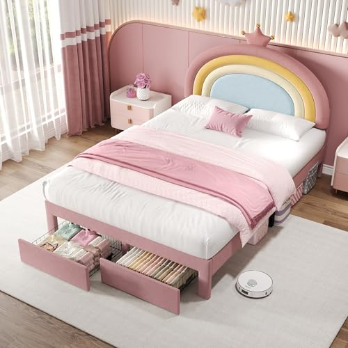 ModernLuxe 4FT6 Upholstered Double Bed with Storage Drawer, Soft Bed Frame with Adjustable Rainbow Headboard, Stylish Rainbow Headboard with Crown, Easy Assembly, Velvet, Pink, 135x190cm