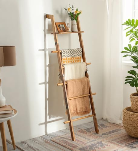ZUNTO Holz Handtuchleiter mit Ablage, 170cm Handtuchhalter ohne Bohren | 5-stufige, Vintage Leiter mit Regal für Bad Wohnzimmer Schlafzimmer, geeignet für Handtücher Decken und Dekoelemente
