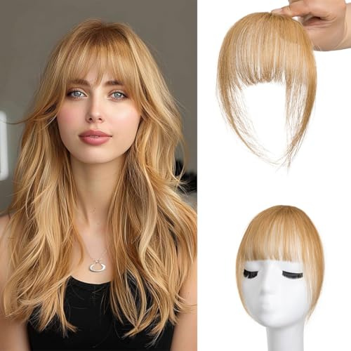 Pony-Haarverlängerung mit Clip, 100% Echthaar, für Damen, für den täglichen Gebrauch (A-Ash Blonde, Wispy Bangs)